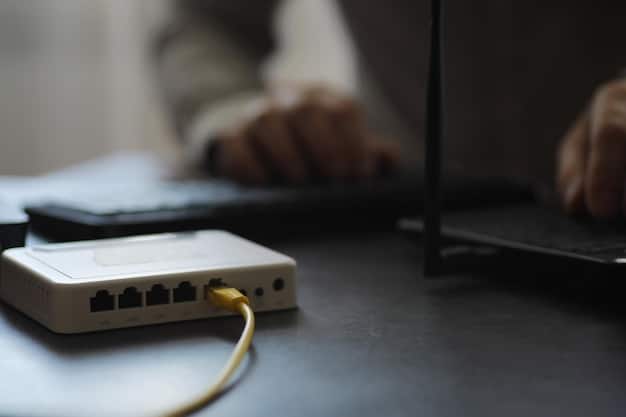 A hand reaching to unplug an Ethernet cable from the back of a computer tower. The background shows a home network setup with a router and modem.