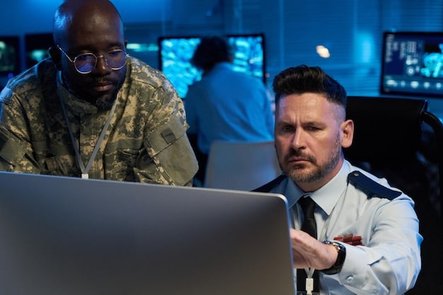 A team of cybersecurity professionals working in a security operations center (SOC), monitoring systems and responding to alerts.