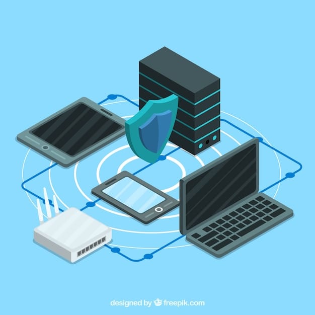 An illustration showing various interconnected devices (laptops, phones, servers) protected by multiple layers of security shields. The image emphasizes the multi-layered approach of a cybersecurity framework.