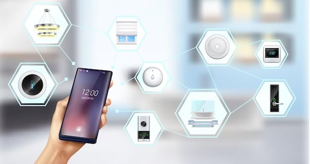 A network of interconnected IoT devices (smart home appliances, wearables, industrial sensors) with a security overlay protecting the data flow. The image should convey the complexity and potential vulnerabilities of IoT networks.