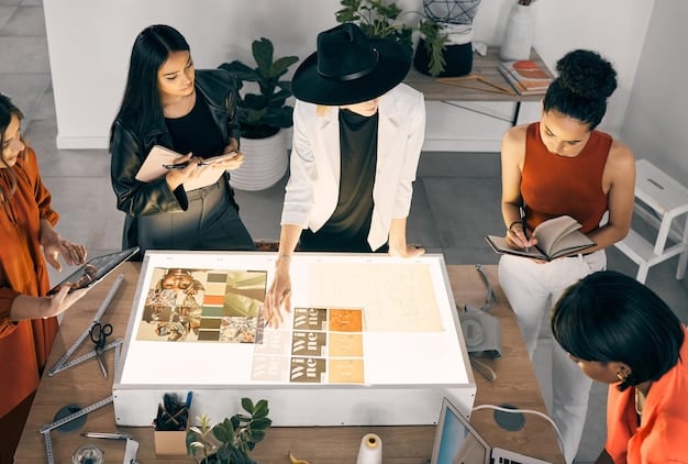 A diverse team collaborating over a design project, with mood boards and style guides visible in the background. The setting is a modern, open-plan office that is conducive to collaboration and sharing ideas.