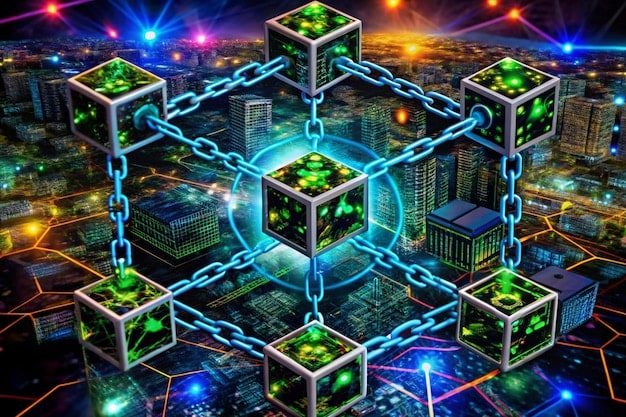 A visual representation of blockchain technology with interconnected blocks forming a chain, highlighting the decentralized storage and immutable records that power decentralized social media.