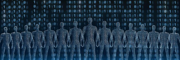 An abstract representation of data flowing into a central server with silhouettes of individuals looking at screens, symbolizing the constant collection and surveillance of user data on social media platforms, set against a backdrop of complex algorithms.