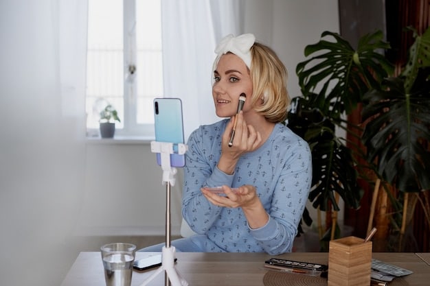 A split-screen image showing: On one side, an influencer showcasing a product in a well-lit studio setting. On the other side, a graph illustrating the increase in sales attributed to that influencer's promotional campaign.