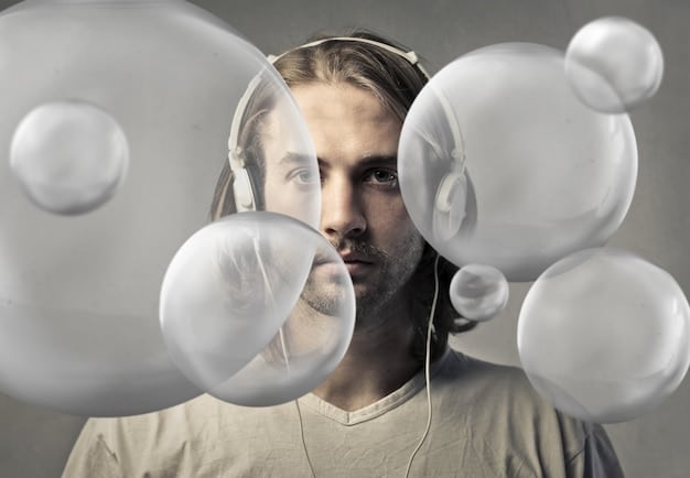 A visual representation of a filter bubble, showing a person inside a bubble surrounded by content that reinforces their existing beliefs. Outside the bubble, there are diverse perspectives that the person is not exposed to.
