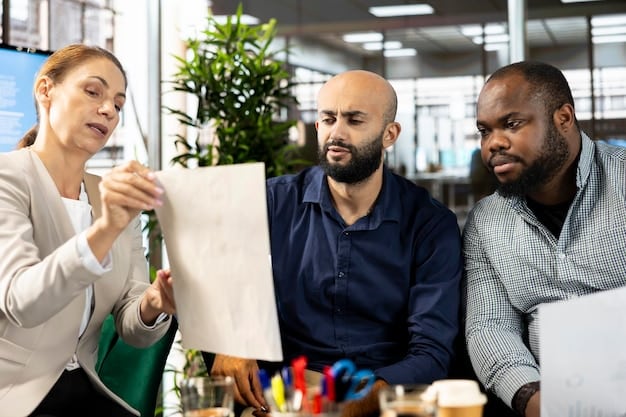 A person reviewing notes in a brainstorming session surrounded by diverse team members, emphasizing constructive steps.