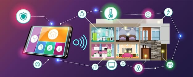 A floor plan of a house with a Wi-Fi router icon in the center, radiating Wi-Fi signal waves covering most of the house. Areas with stronger and weaker signals are highlighted with different colors.