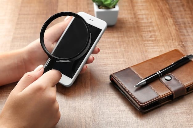 A hand holding a magnifying glass over a smartphone displaying a data breach notification. The image should emphasize the importance of actively checking for and responding to such notifications to protect personal data.