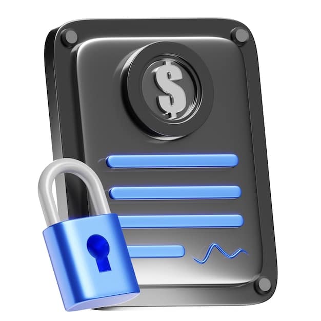 A padlock icon over a credit report, symbolizing the protection offered by fraud alerts and credit freezes against identity theft and unauthorized access to financial information.