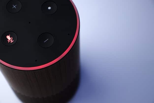 A close-up of a smart speaker with its microphone symbol highlighted in red, emphasizing the potential for audio recording and privacy concerns. The background is blurred to focus on the device.