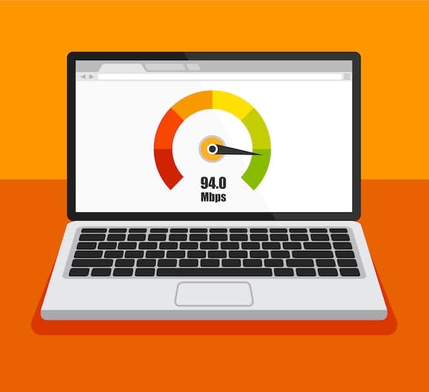 A speed test result displayed on a laptop screen, showing significantly lower download and upload speeds when connected to a VPN compared to the speeds without a VPN. Include annotations highlighting the speed difference.