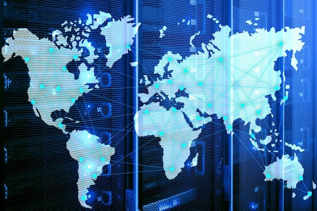 A world map highlighting VPN server locations in North America and Europe, with arrows indicating shorter data paths for users connecting to closer servers.
