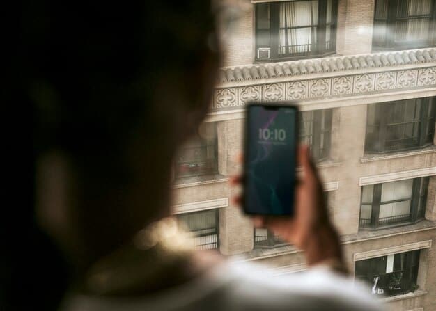 A person using a smartphone with a speech bubble containing encrypted text and a lock icon overlayed on it. The background is a cityscape with numerous surveillance cameras.
