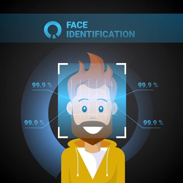 A graphic illustrating the facial recognition process, showing a face being scanned and analyzed, with data points highlighting key facial features. The graphic emphasizes the technology's data-driven nature.