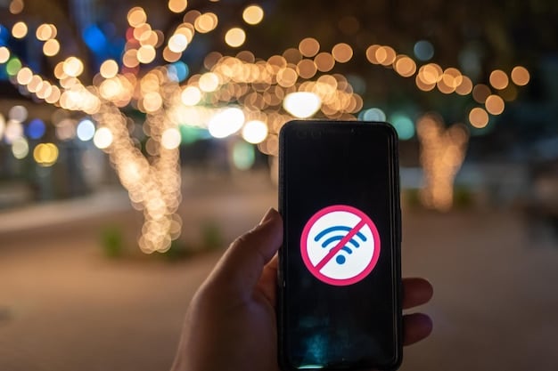 A close-up of a smartphone screen showing a warning message about an unsecured Wi-Fi network, with an open lock icon. The background is a public place suggesting the user is trying to connect to a public Wi-Fi network.