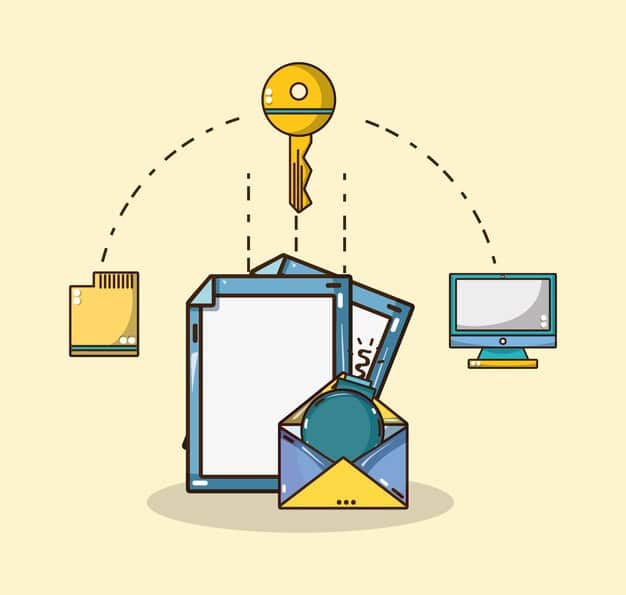 Illustration depicting a digital envelope being sealed with a key, inside a network of interconnected lines representing data flow. This visually symbolizes the security and privacy provided by email encryption.