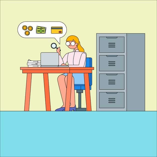 A person sitting at a desk with multiple privacy policy documents spread out, using a highlighter to mark key sections. A magnifying glass rests on one of the documents.