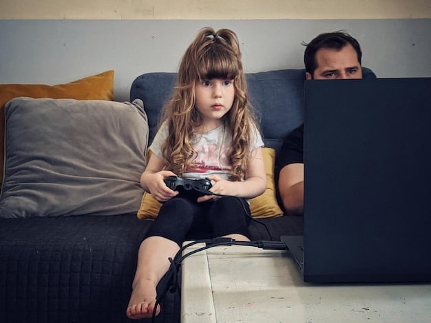 A parent setting up parental controls on a gaming console. The screen shows options for restricting content based on age, limiting screen time, and managing who can communicate with their child online.