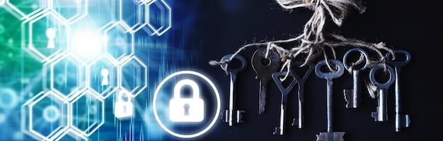 A graphic illustrating a lock and key over a network of computers, symbolizing the ongoing battle between security measures and potential threats to online data.