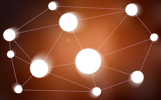 A graphic representation of data analysis, showing various types of data points connecting to form a larger network, with a magnifying glass highlighting specific clusters.