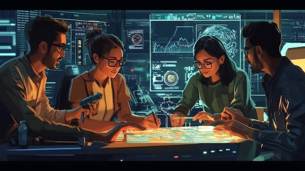 An illustration of a team of cybersecurity professionals collaborating around a digital dashboard displaying threat intelligence and security metrics.