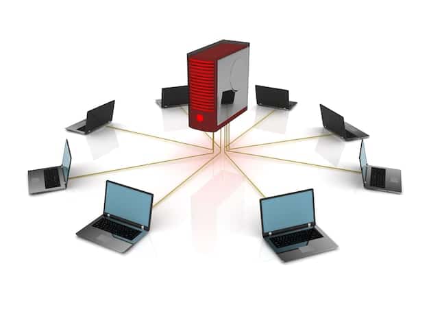 A network diagram showing various devices (laptops, servers, phones) interconnected. A red line represents a ransomware attack spreading through the network, originating from an external source labeled 