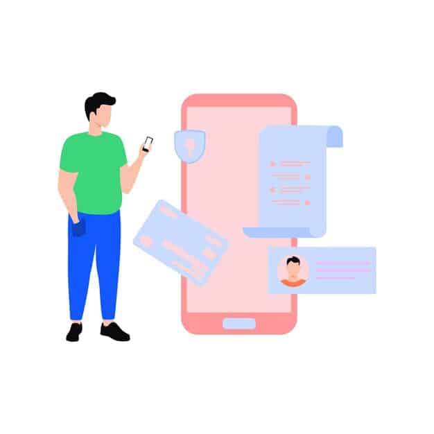 A digital illustration depicting a person holding a smartphone with a phishing text message on the screen. The message appears to be from a bank, requesting urgent account verification.