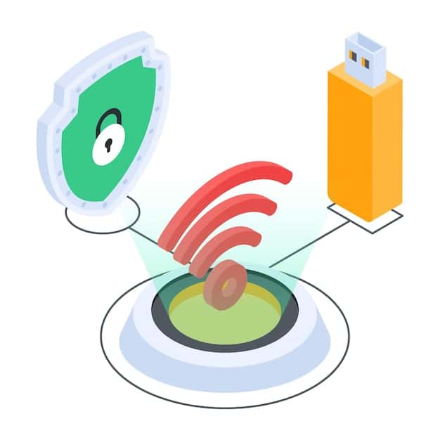 An illustration depicting a secure connection through a VPN, visualized as a shielded tunnel protecting data as it travels across a digital network, with symbols of various cyber threats being blocked.