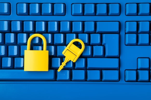 A close-up of a person's hands typing on a keyboard, with a padlock icon superimposed on the screen, representing the act of securing online accounts with strong passwords. The lighting focuses on the keyboard and the padlock.