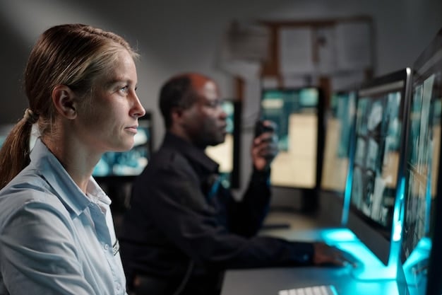 A group of diverse professionals collaboratively working on computers in a modern office, while a subtle overlay of locks and shield icons indicates data security awareness.