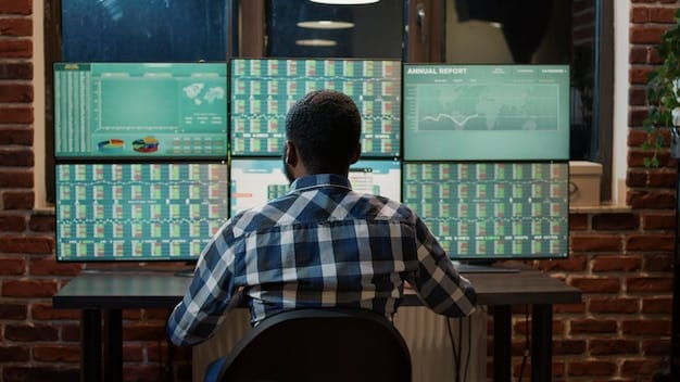 A cybersecurity analyst monitoring multiple screens displaying network traffic, security alerts, and data flow, symbolizing continuous security monitoring and rapid incident response.