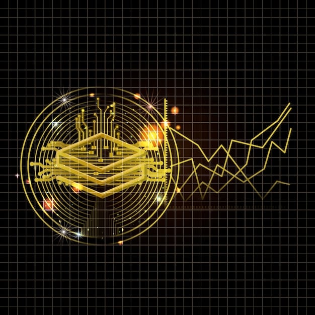 A detailed visual representation of a financial graph showing an upward trend, superimposed with lines of code and cybersecurity icons like a padlock and networked computers. The image focuses on data analysis and financial investment in cybersecurity.