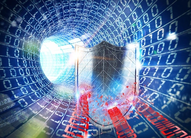 A detailed schematic showing data packets being encrypted and decrypted as they travel through a VPN tunnel, with icons representing different encryption standards like AES-256.