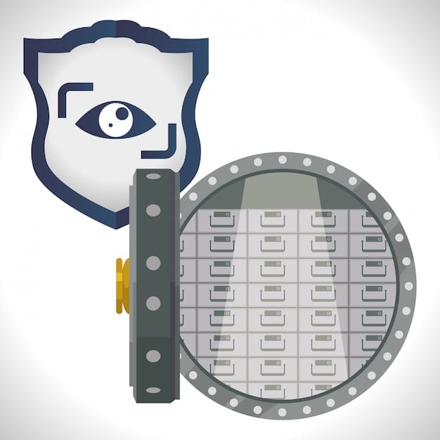 A digital vault icon with multiple layers of security symbols (padlock, shield, biometric scan), representing secure data storage and encryption.