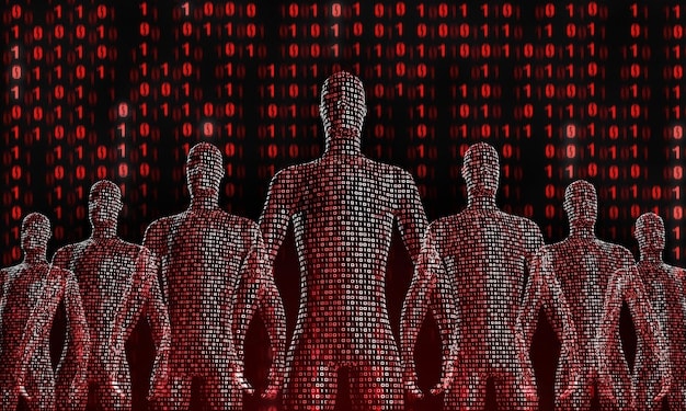 A silhouette of a person looking at a digital screen showing abstract data patterns, with a bright red warning symbol overlying it, indicating suspicious internal activity.
