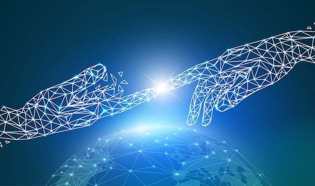 A close-up of two hands clasping firmly, symbolizing trust and connection, overlaid with subtle digital lines forming a network. The focus is on human connection in the digital age.