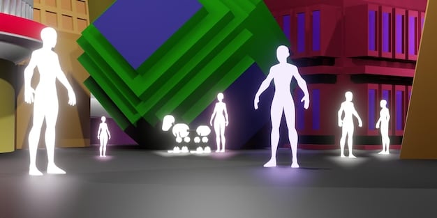 A diverse group of stylized 3D avatars in a vibrant, futuristic virtual plaza, engaged in conversation and various activities, signifying community building within the metaverse. Some avatars are wearing branded digital apparel.