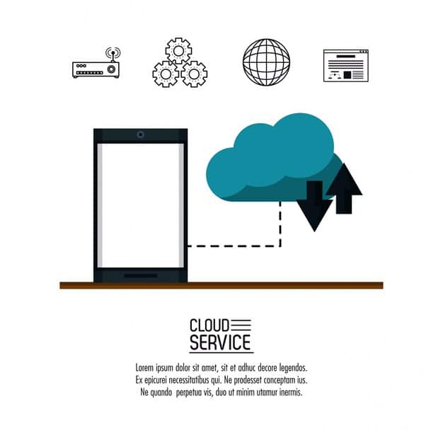 A cloud icon with an arrow pointing to an iPhone icon, representing iCloud backup. In the background, a secure server room or data center.