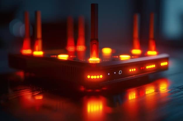 A close-up of a router's rear panel with various ports labeled, emphasizing the complexity and connectivity of network hardware, with a small VPN logo overlay.