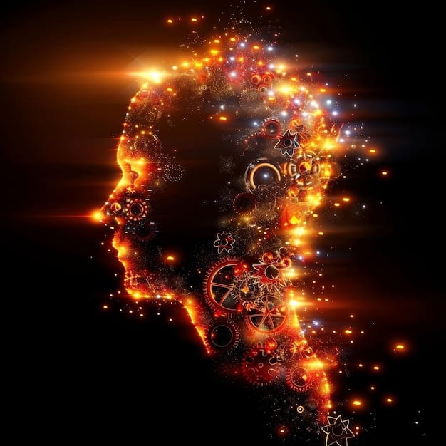 A stylized human head with gears and light streams flowing out, symbolizing memory, thought processes, and pattern recognition. Various letters, numbers, and symbols float around the head, representing the elements of a password being recalled.