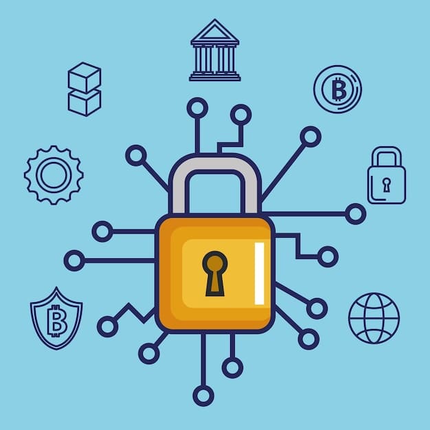 A stylized padlock icon nested within a network of connected devices, illustrating secure data flow through a VPN.