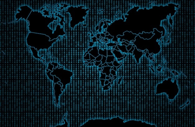 A detailed world map with glowing dots representing VPN server locations, connected by encrypted lines to a central laptop icon.