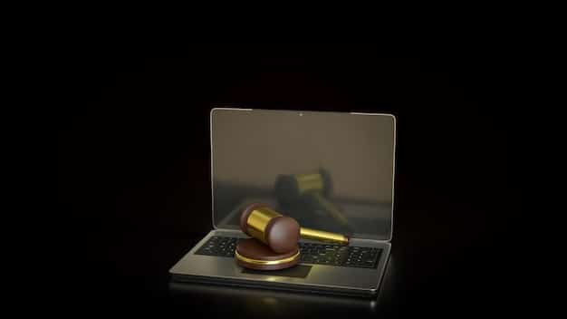 A legal gavel resting on a stack of documents with a glowing digital network overlay, symbolizing the intersection of law and cybersecurity. Surrounding elements hint at data, privacy shields, and regulations.