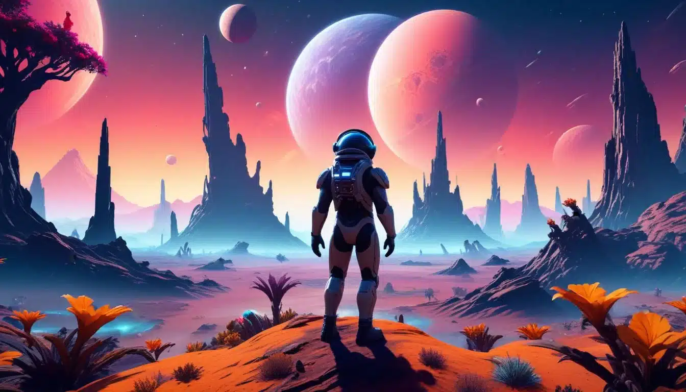 Astronaut on alien planet viewing ancient structure through PSVR2