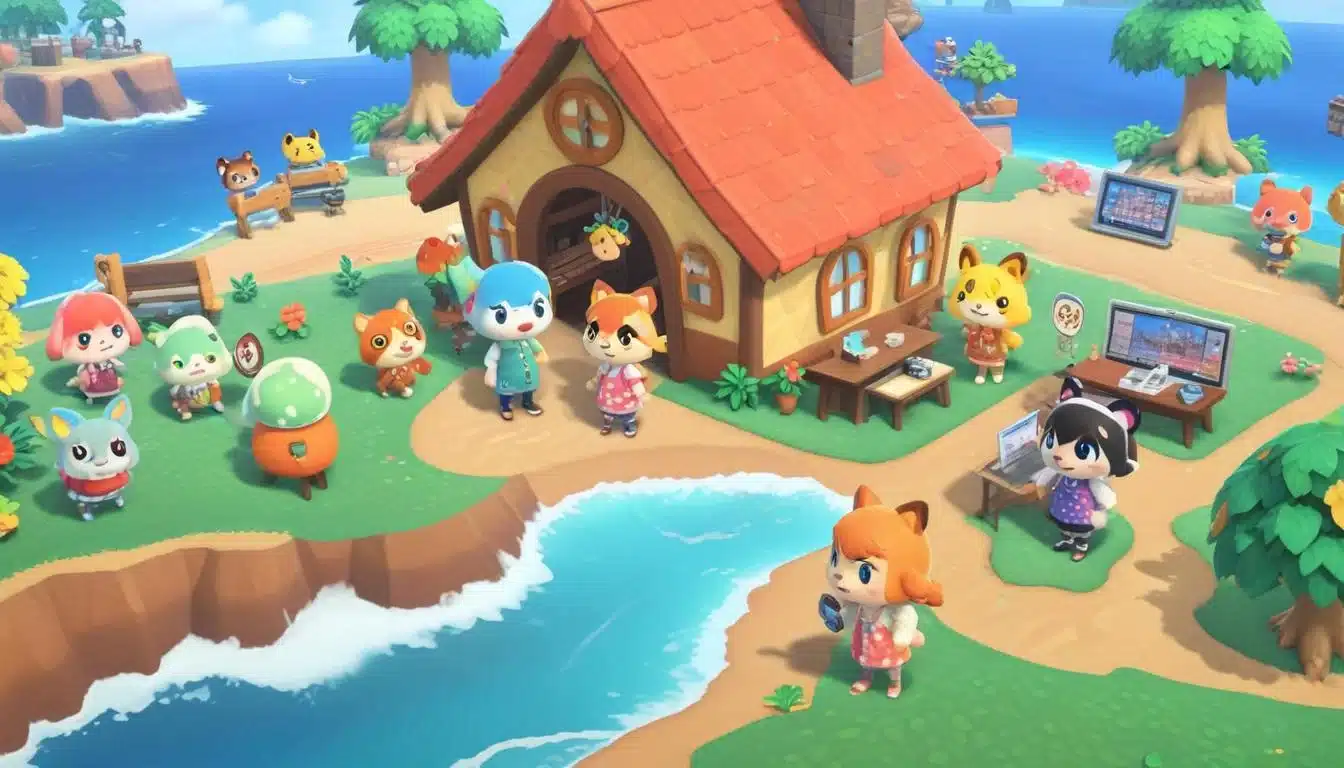 Animal Crossing players trading items and bells on an island.