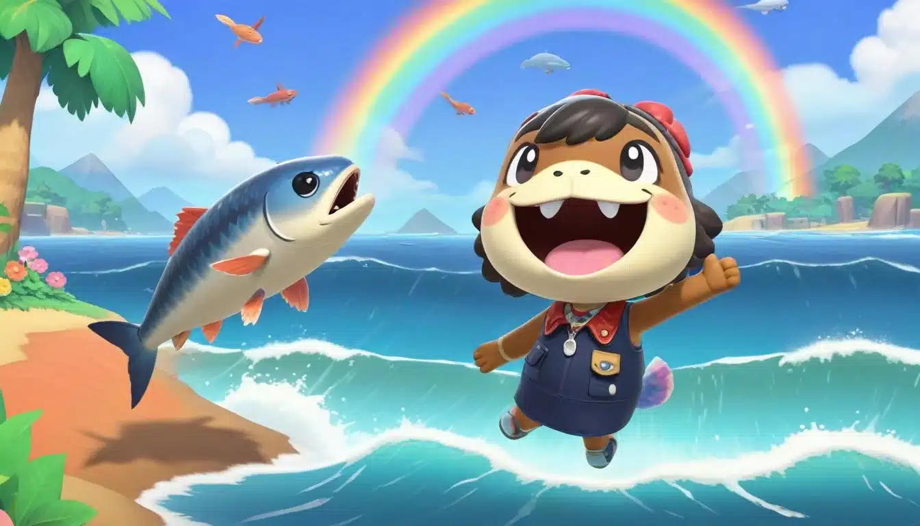 Animal Crossing player holding a rare fish on a rainy island.