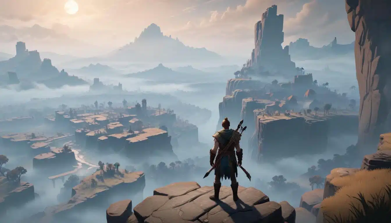 Atreus overlooking a mysterious, mist-shrouded ancient city from a cliff, suggesting new exploration.