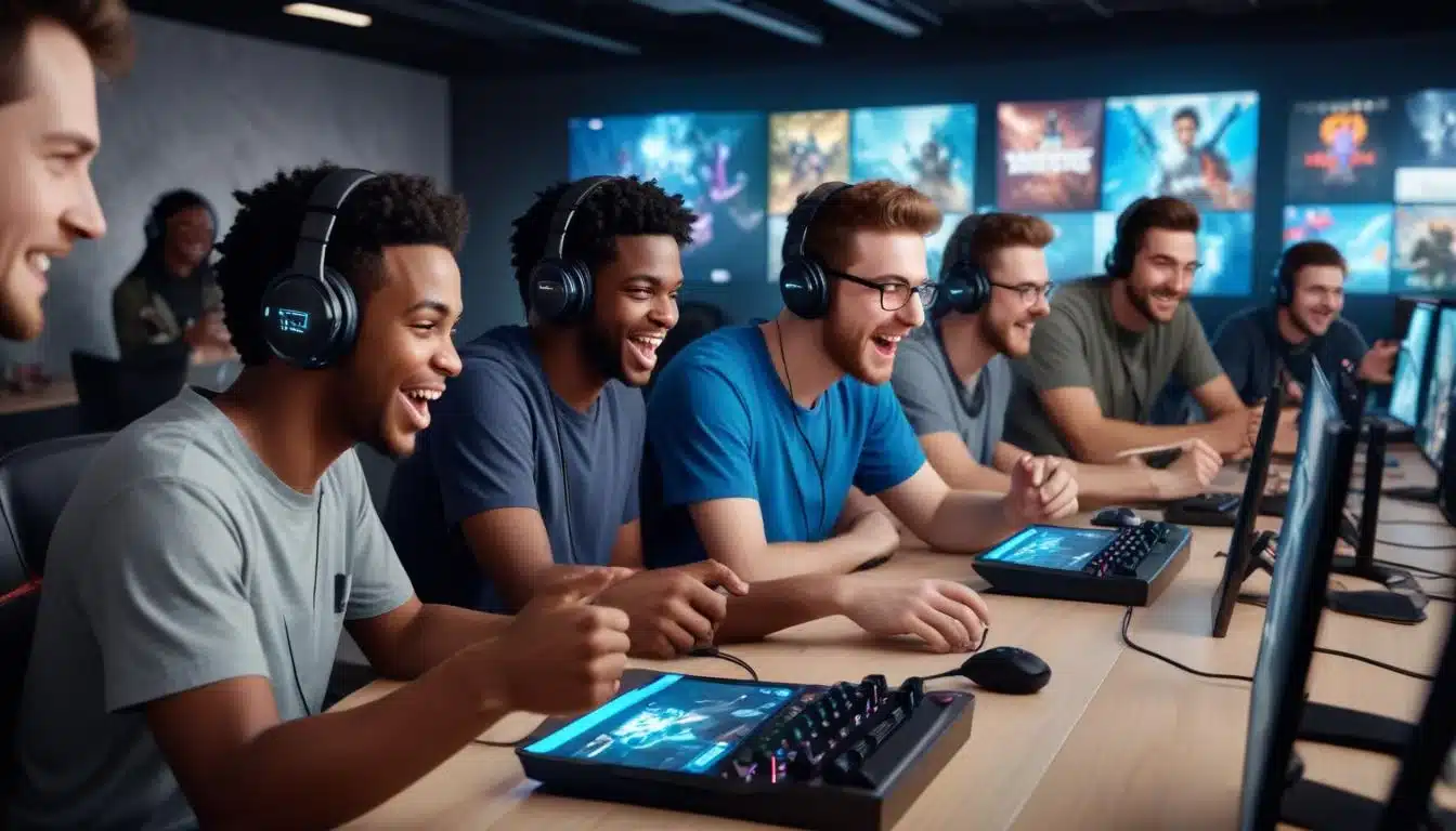 Gamers in a beta testing session, discussing early access gameplay with headsets on.