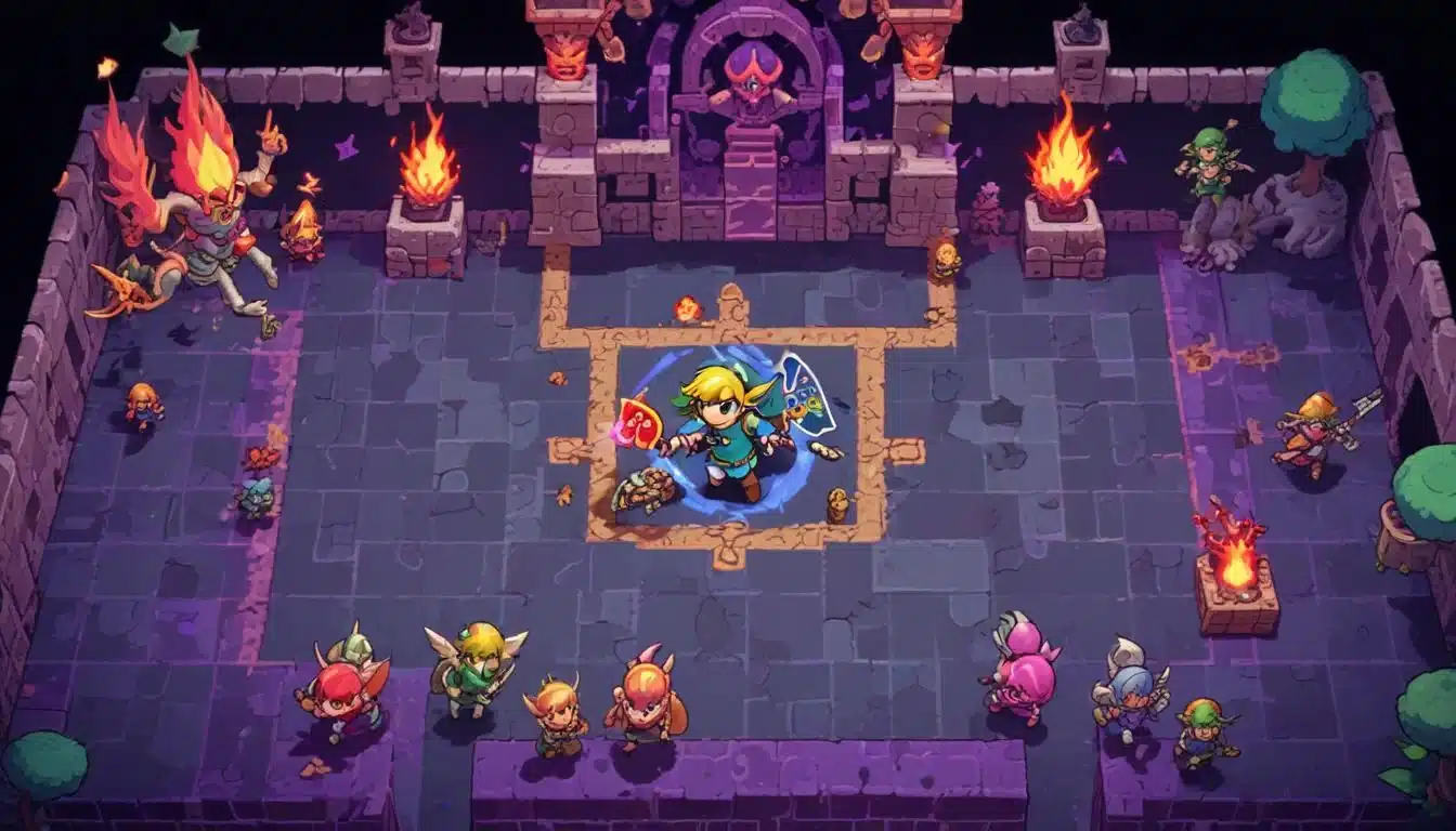 Link and Cadence fighting enemies in Cadence of Hyrule dungeon, with music notes and a rhythmic grid.