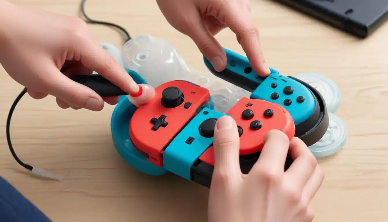 Person cleaning Nintendo Switch Joy-Con analog stick with compressed air to fix drift.